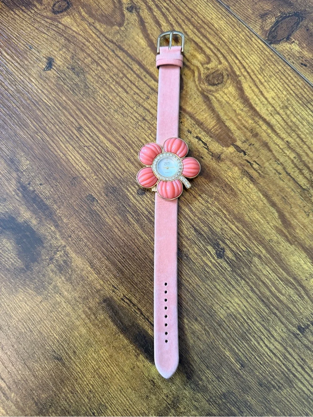 Suzanne Somers Pink Flower Watch Rhinestone Mother Pearl Leather Y2K Quartz